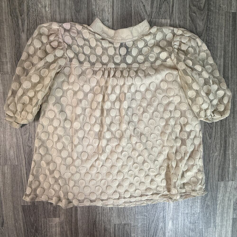 Luna Rae Cream Polka Dot Mesh Sheer Blouse Womens Keyhole Back Puff Sleeve Top